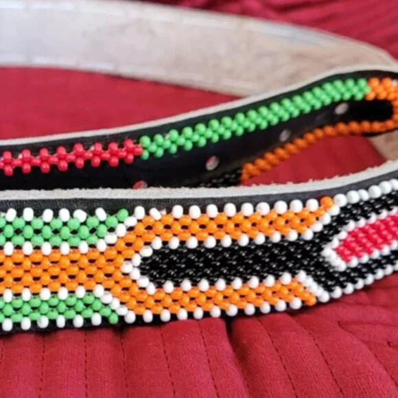 Hand beaded leather belt. - Picture 1 of 5
